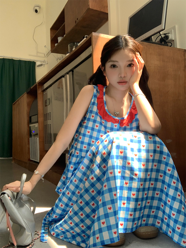 Real shot of Dopamine girl Korean chic contrast color lace collar love blue dress