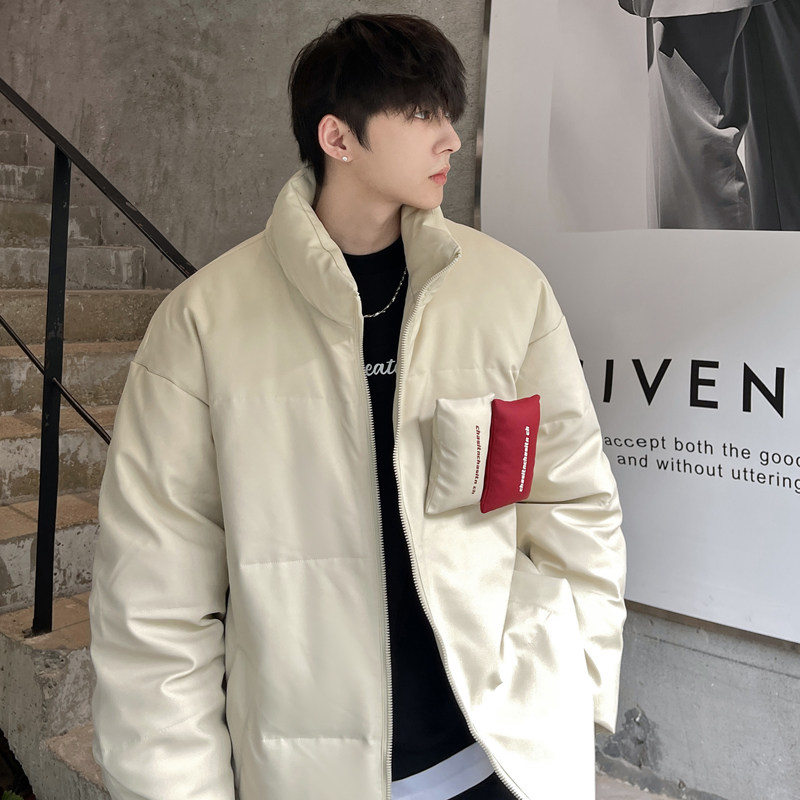 PU leather down jacket new winter loose Hong Kong style white duck down jacket