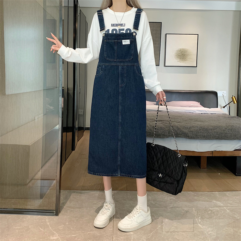 Denim suspender skirt for women 2024 new loose Korean style small temperament dress slimming long skirt