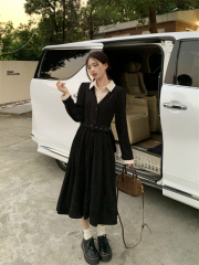 Fake two-piece corduroy dress women's waist design A-line long skirt long sleeves 2024 new style