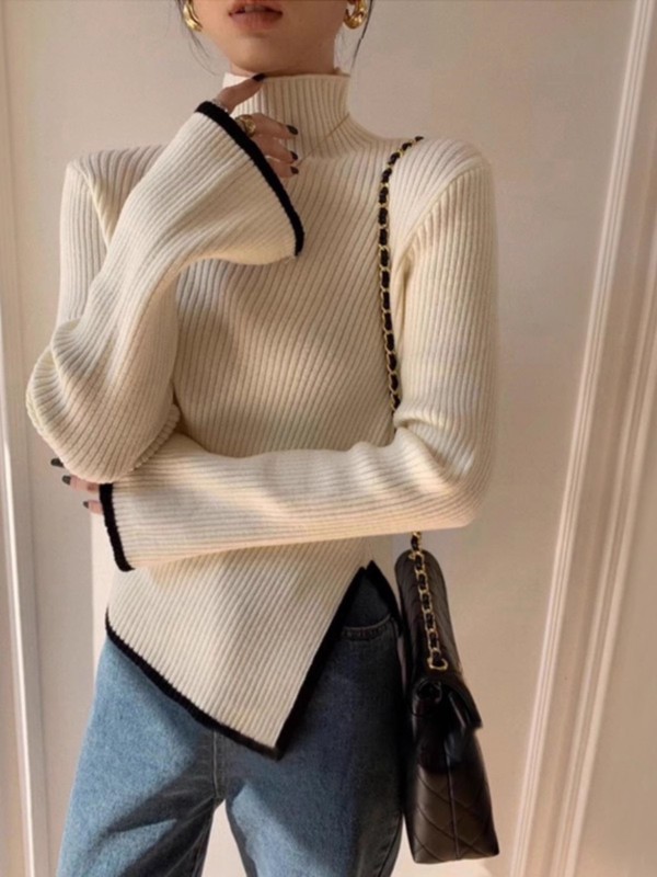 Irregular high collar inner knitted top for women 2024 autumn and winter new style high-end French style long-sleeved bottoming shirt