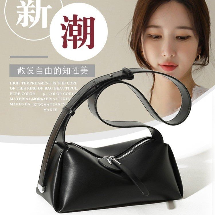 Genuine leather high-end baguette bag single shoulder cross-body cowhide versatile light luxury Douyin popular women's bag texture