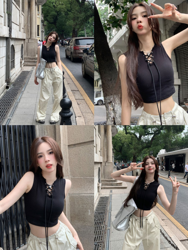 Retro sweet and spicy strappy short vest + street casual drawstring cargo leg trousers