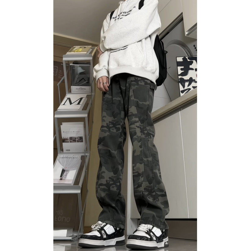 Spring American-style logging pants, retro camouflage work jeans, high street straight-leg micro-flared pants