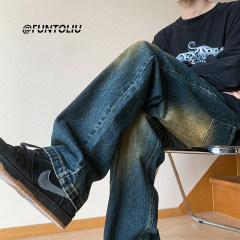 Retro blue jeans for men in autumn American high street trendy brand versatile casual trousers loose washed distressed straight pants