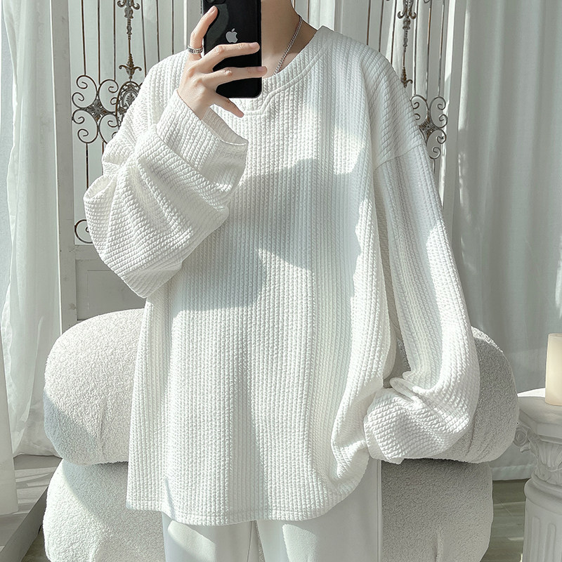 Large size American retro pleated texture small V-neck long-sleeved T-shirt bottoming shirt men's loose sweatshirt
