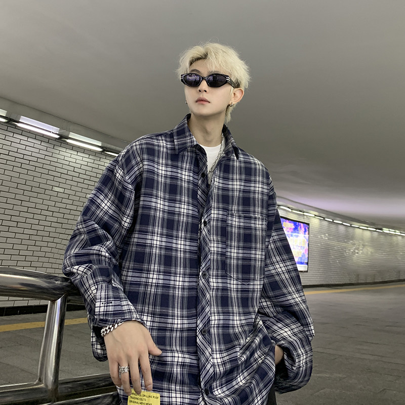 Hong Kong style large size American retro label plaid lapel long-sleeved shirt for men