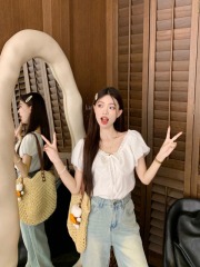 Real shot and real price v-neck lace white cloud shirt puff sleeve short slim top