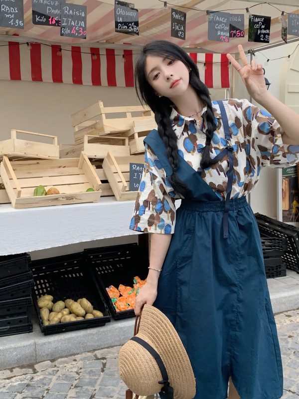 Summer casual niche loose shirt + Korean versatile irregular suspender skirt