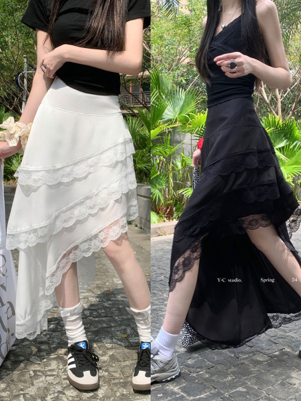 Real-price lace retro sweet irregular elastic waist niche design versatile black and white skirt