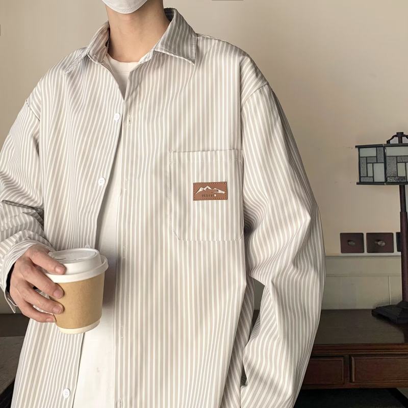 Hong Kong style long-sleeved shirt, summer thin, trendy loose vertical striped shirt for men and women, couple wear