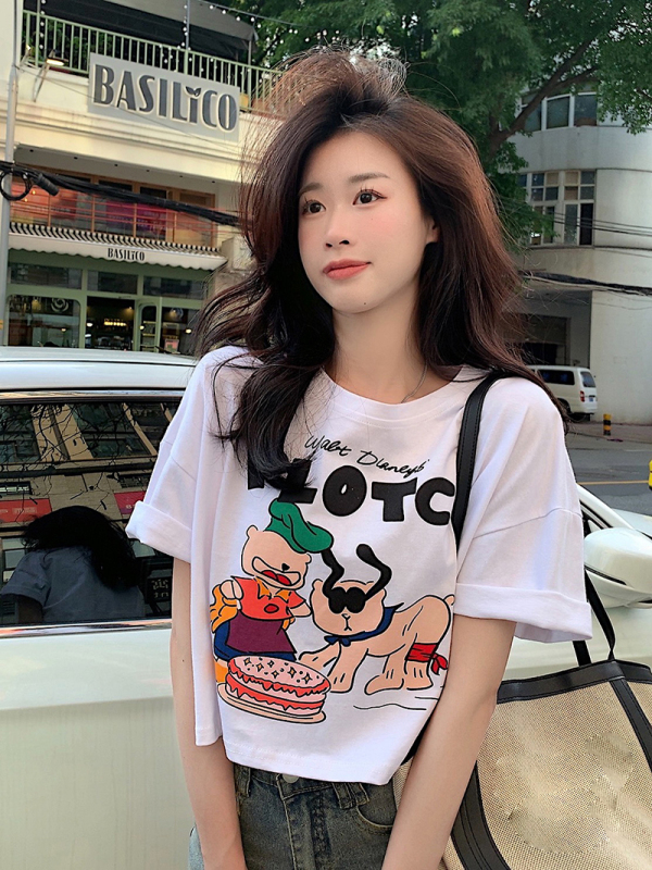 Sweet cool style Korean style pure cotton short-sleeved T-shirt women's printed crop top