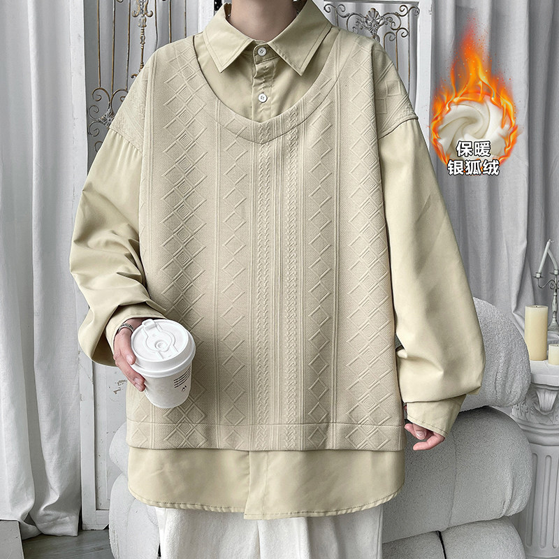 Thin section changed to velvet for winter new design silver fox velvet fake two-piece sweatshirt men's shirt large size