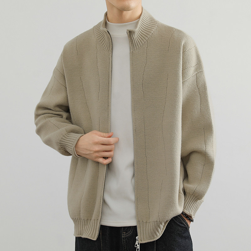 Knitted cardigan jacket men's high-end autumn new trendy brand stand-up collar jacket loose sweater