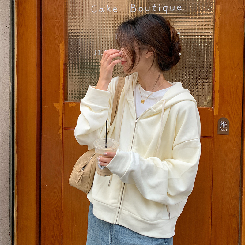 Women's piqué cotton jacket spring and autumn thin cardigan hooded sweatshirt casual versatile top
