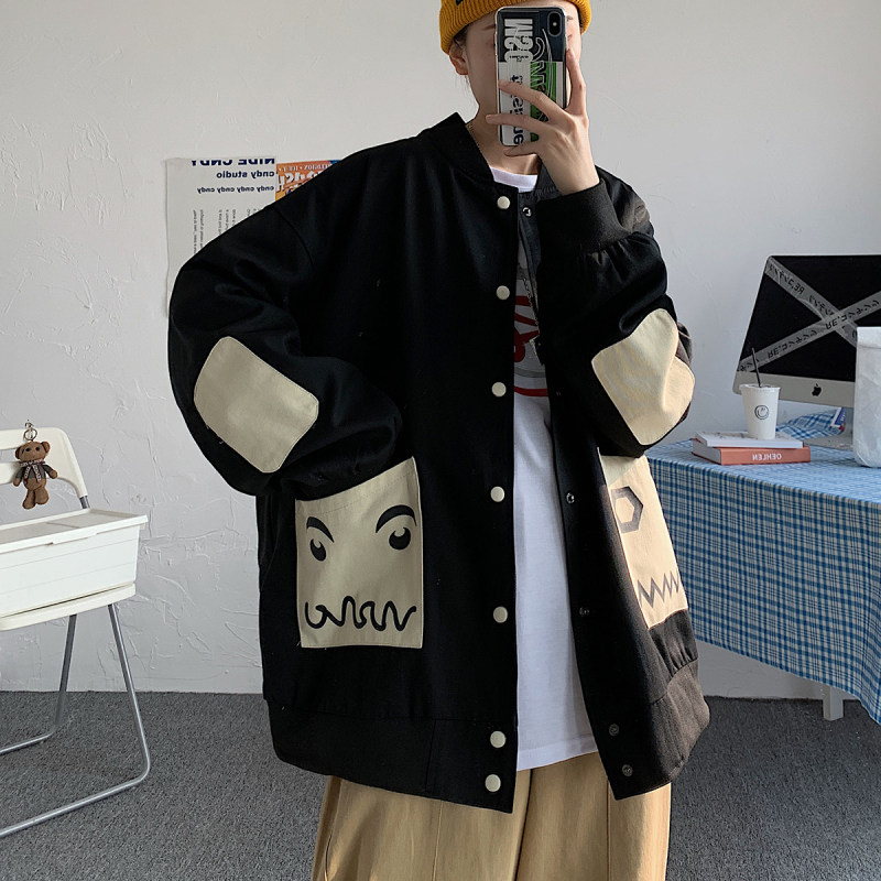 Autumn and winter large size baseball uniform loose three-dimensional patch pocket printed jacket