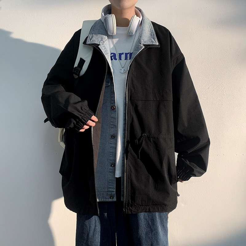 Spring large size trendy brand casual jacket boy American fake two piece work clothes jacket