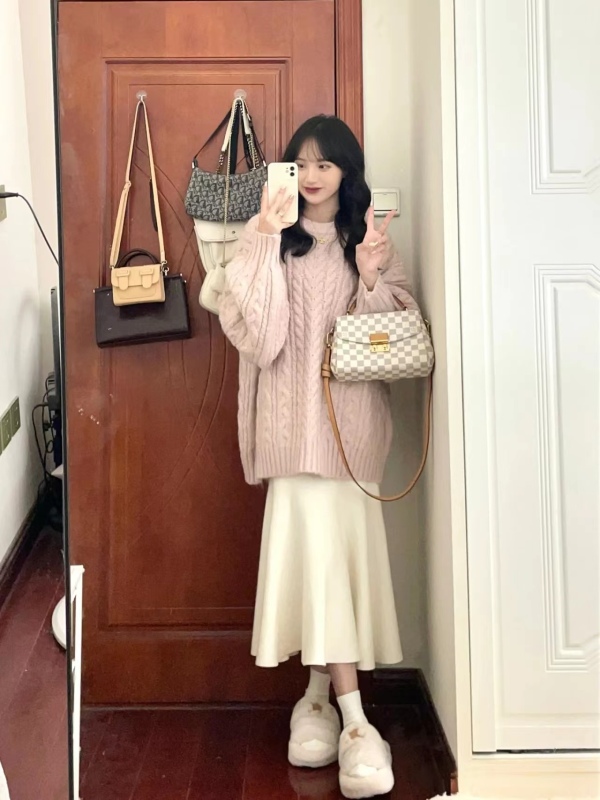Winter new style gentle and small breast-type outfit, lazy, sweet and slim sweater skirt two-piece suit for women