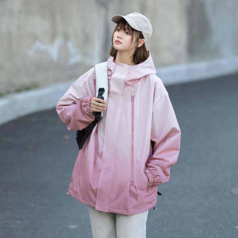 Spring outdoor gradient color hooded windproof and waterproof multi-zip jacket