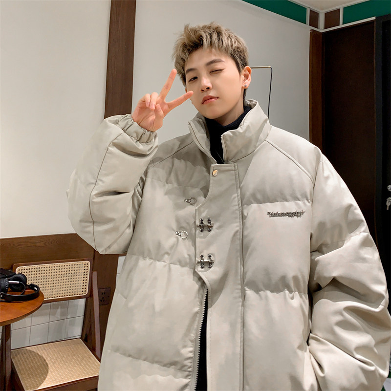 Metal airplane buckle American high street retro PU cotton coat loose coat cotton coat for men