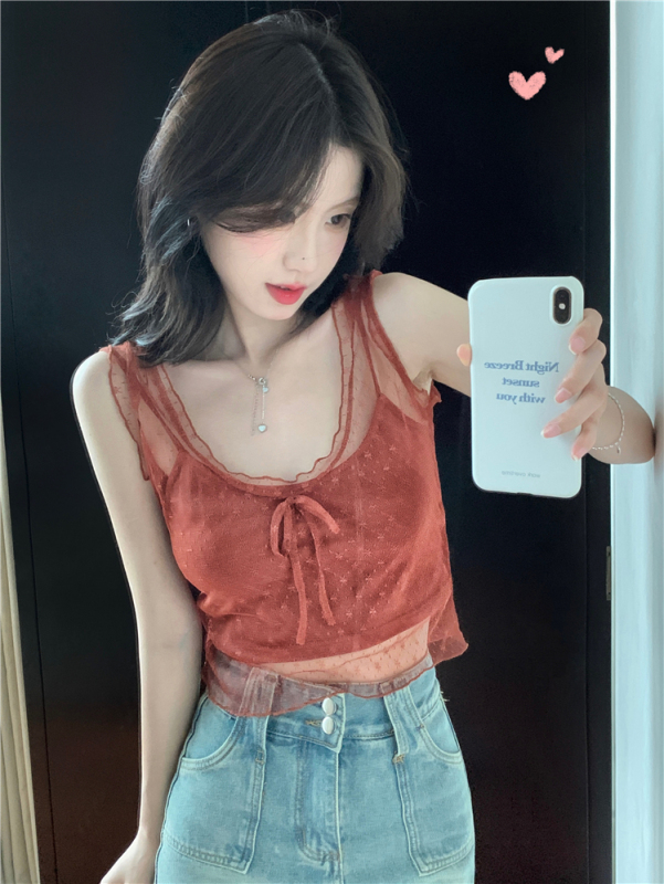 Real shot and real price American retro red brown lace short hot girl camisole women's summer top