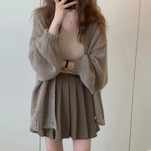 Mid-length lantern sleeve mohair knitted cardigan jacket for women, loose and lazy thin shawl outer top