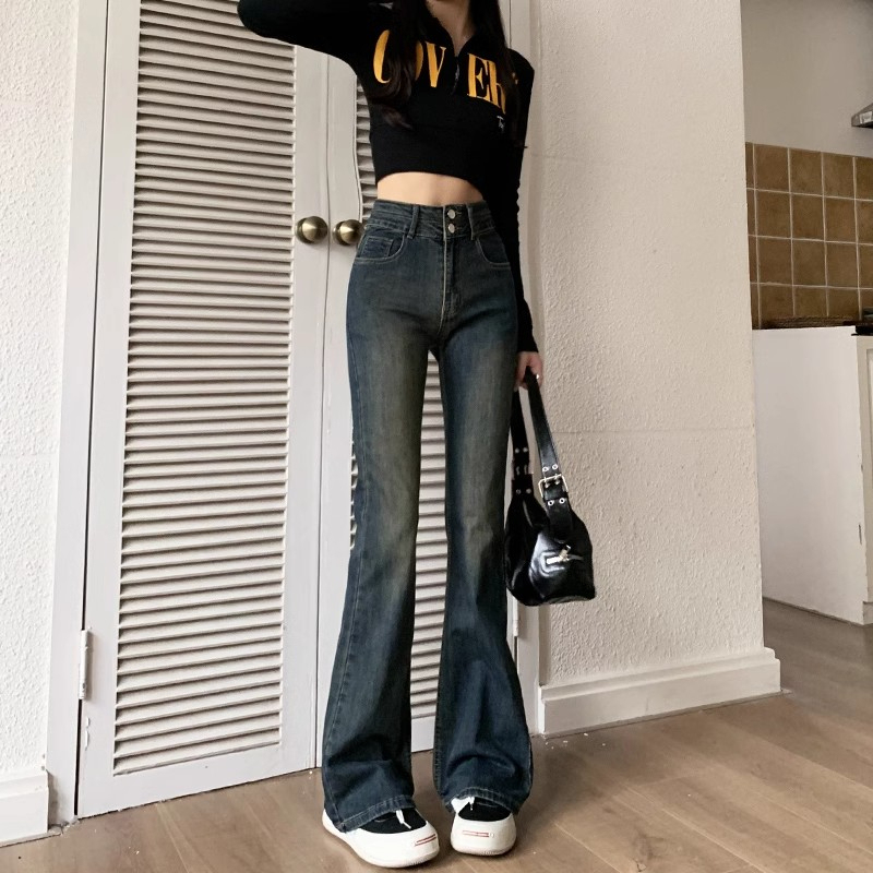 Cement gray high-waisted bootcut jeans for women in autumn and winter new stretch slim fit and versatile horseshoe flared pants