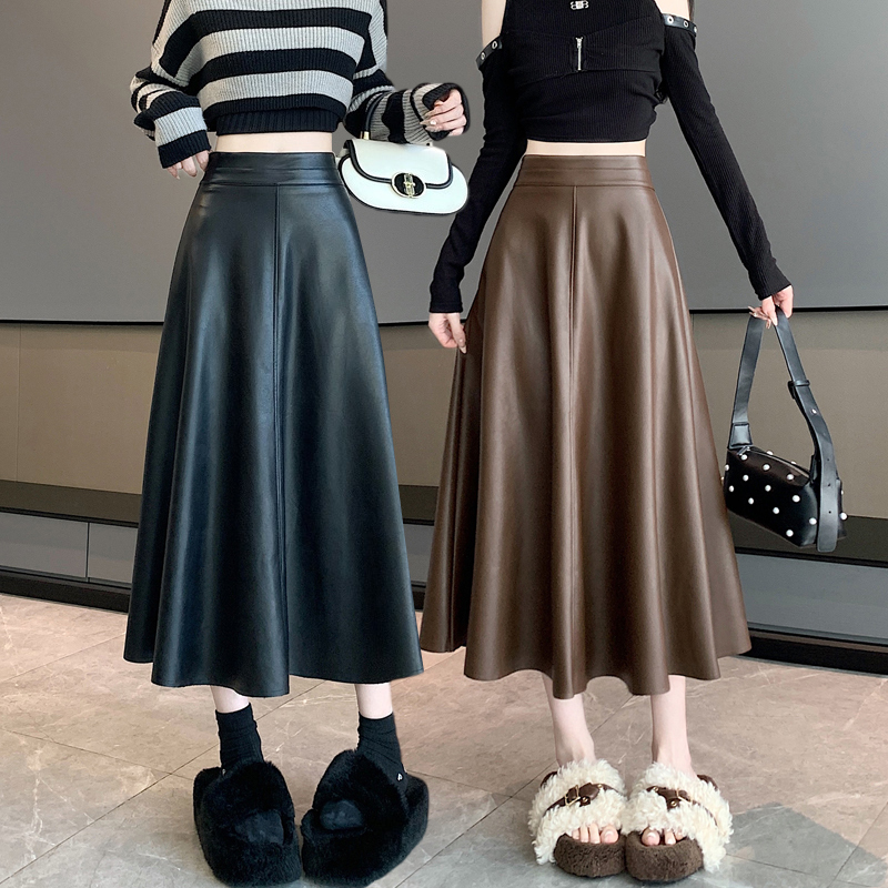 2024 Autumn High Waisted Slimming Covered Hips Revealing Waistline Mid-Length A-Line Large Hem Washed Leather Soft Leather Half-length Umbrella Skirt