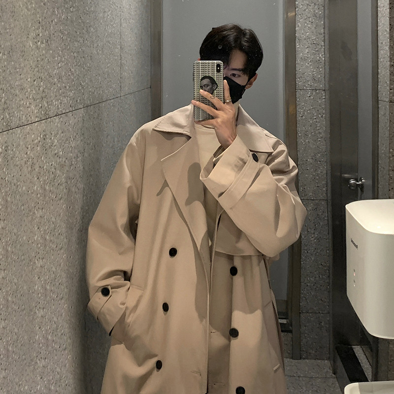 Simple, loose and versatile mid-length coat for autumn men's double-breasted casual windbreaker