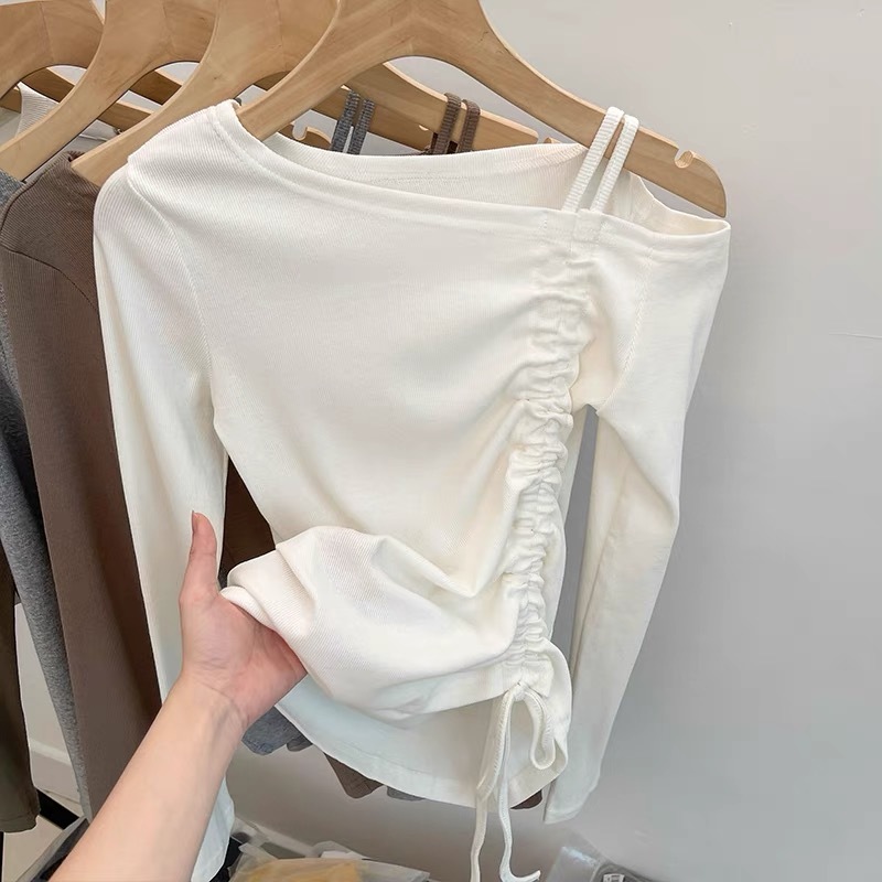 Designed irregular drawstring long-sleeved T-shirt for women, sweet and spicy slim short off-shoulder top with bottoming shirt