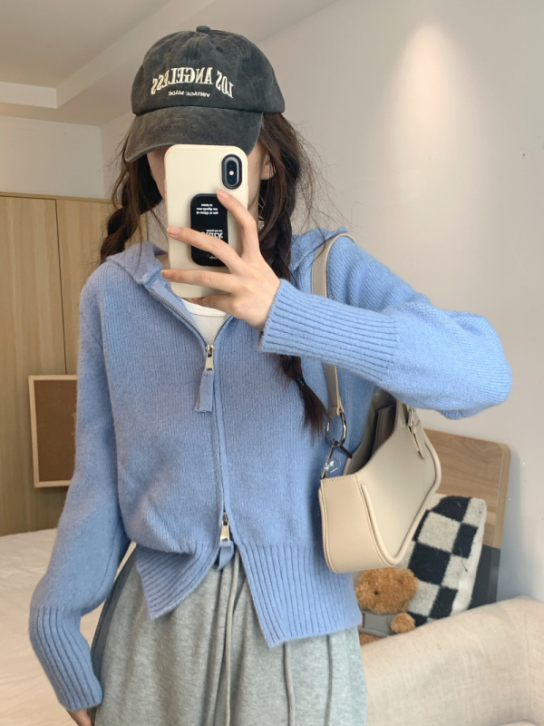 Real shot Korean style double zipper hooded cardigan sweater lazy style casual sweater jacket