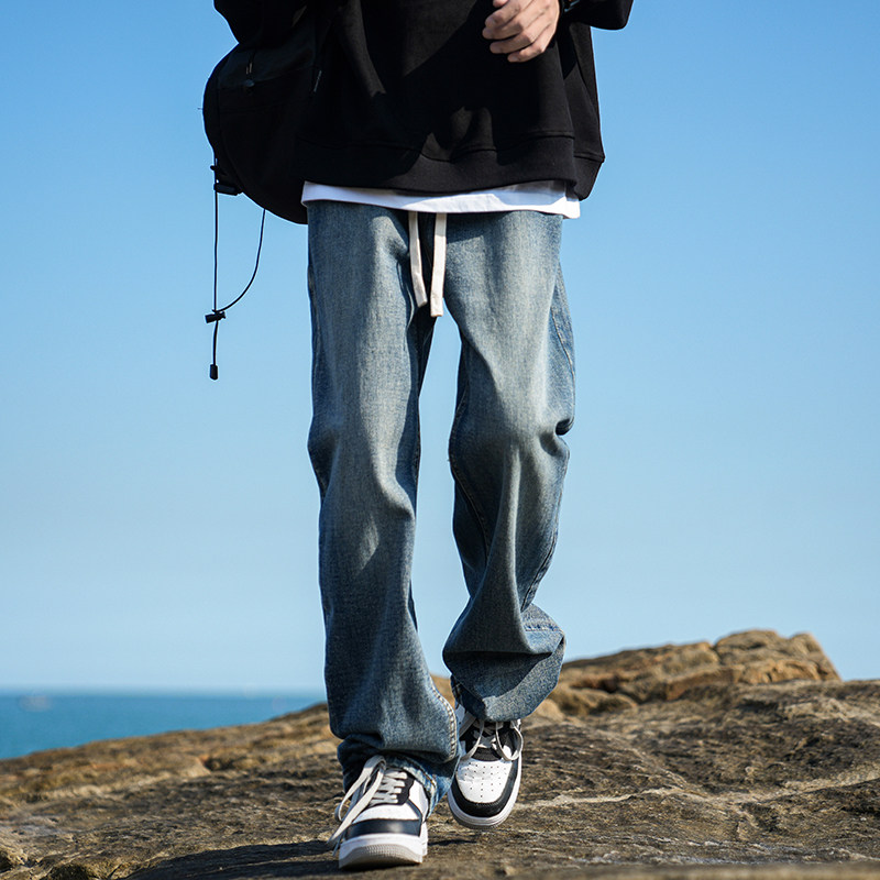 American retro jeans for boys, all-match casual trousers, drawstring loose straight pants