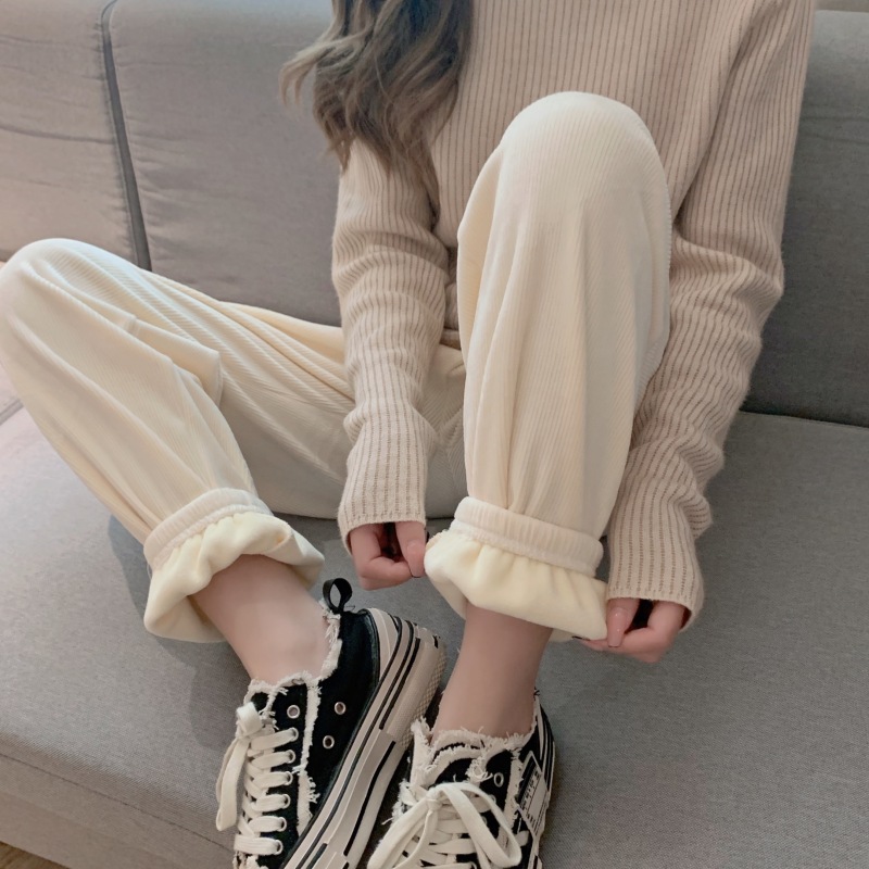 Autumn and winter thickened velvet chenille leggings cream pants versatile casual wide-leg pants sports trousers