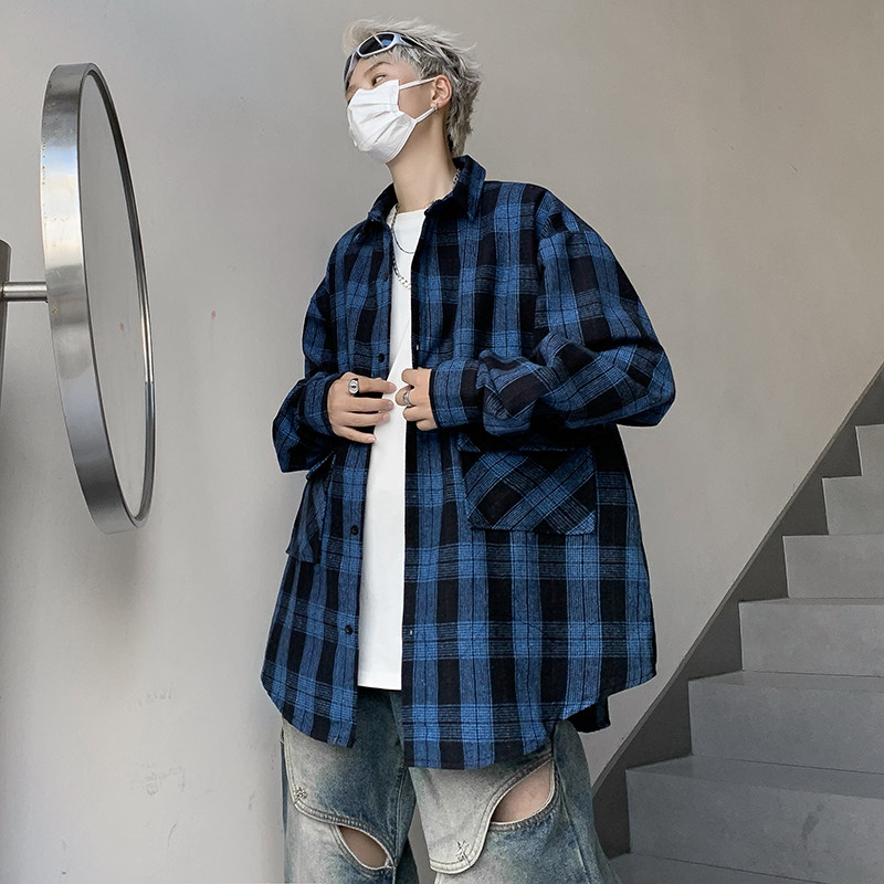 Autumn new Hong Kong style Japanese style retro trendy brand high quality stand collar plaid long sleeve shirt