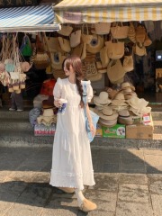 Heavy industry sweet little flying sleeve dress solid color retro skirt