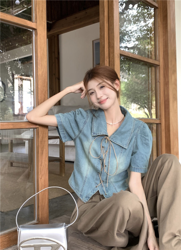 Real shot of large size fat MM design retro strap casual fashion versatile short-sleeved denim shirt