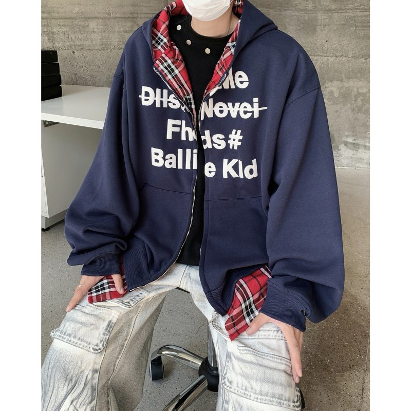 American high street fake two-piece hooded sweatshirt with letter embroidery double zipper thickened couple jacket