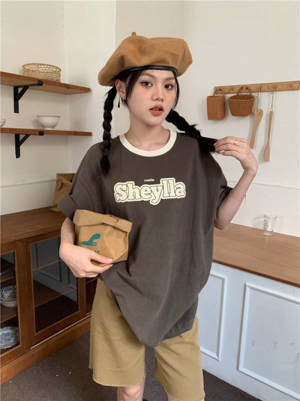 Printed contrasting loose short-sleeved pullover brushed T-shirt