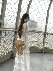 Real shot Korean style retro versatile lace design lace hollow suspender dress