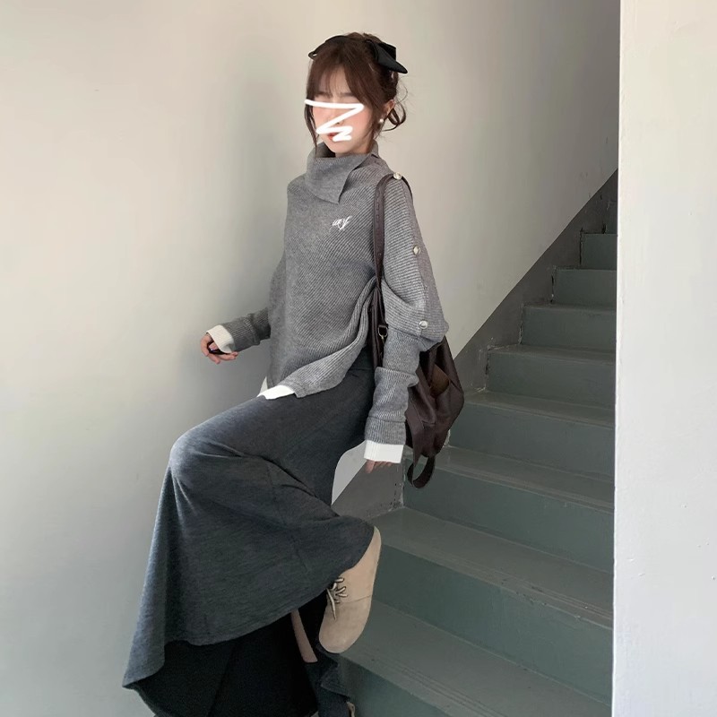 French gray irregular knitted sweater suit skirt women's autumn and winter 2024 new autumn wear complete set