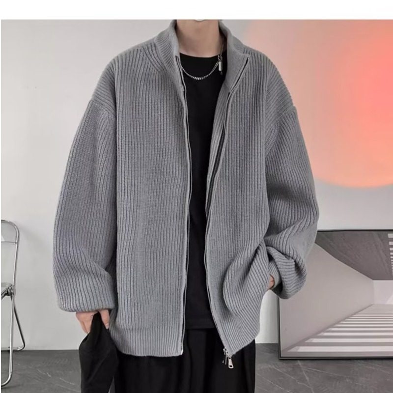 Japanese lazy style sweater for men in autumn and winter trendy brand stand collar double zipper sweater high street loose and versatile casual sweater