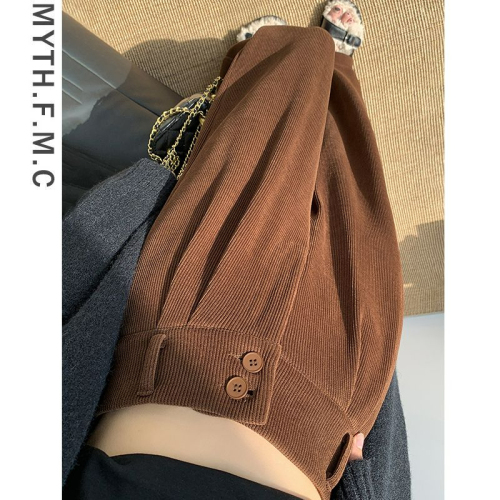 Brown corduroy pants for women in autumn and winter, high-waisted slimming narrow version straight wide-leg pants with drape