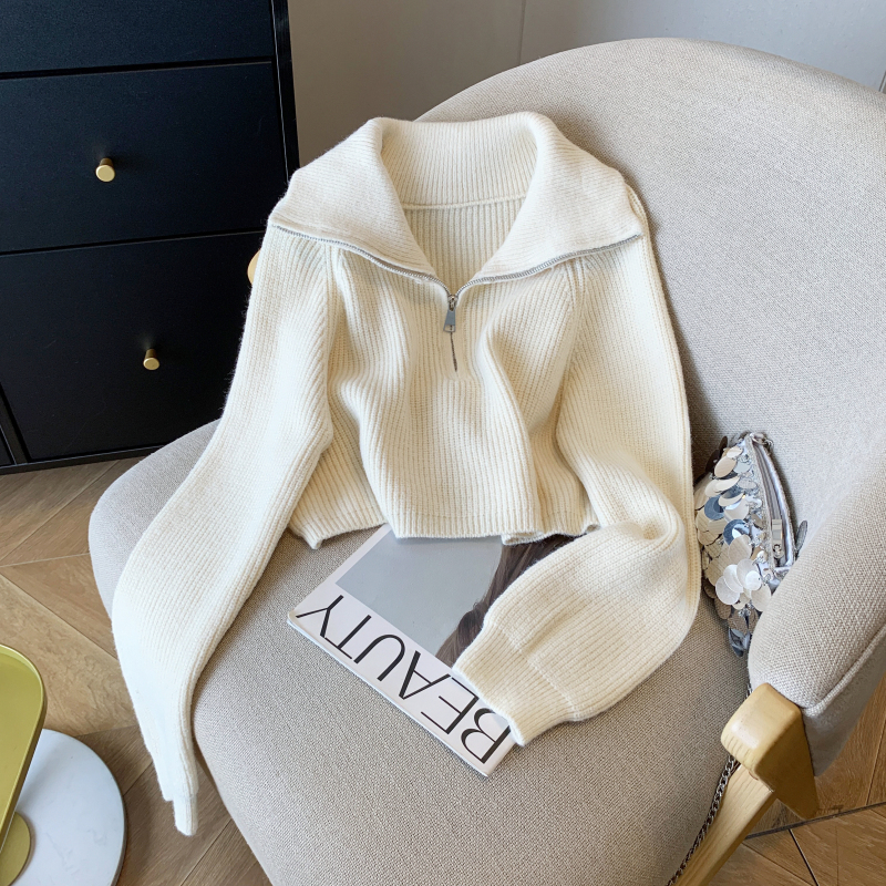 Korean style zipper short sweater for women, loose outer wear, lazy style lapel sweater jacket top