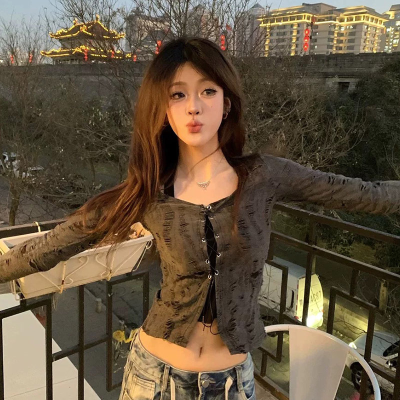 Fake two-piece halter neck strap slim long-sleeved T-shirt dark cool cool hot girl tops for women