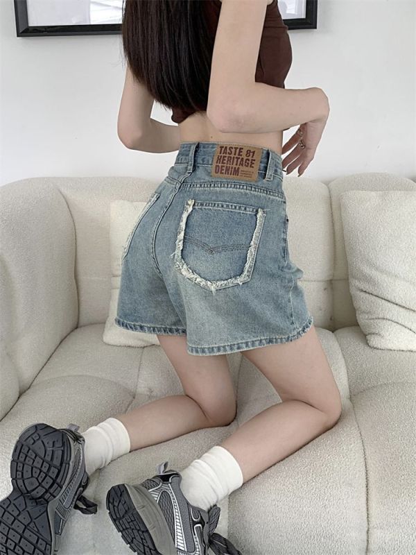 High-waisted denim shorts for women 2024 spring popular niche design loose and versatile A-line wide-leg hot pants
