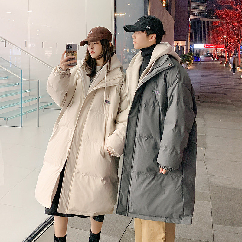New fake two-piece spliced ​​mid-length couple's cotton coat thickened hooded cotton coat