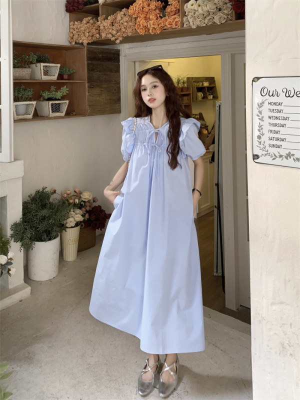 Real shot and real price Sweet college style ruffle dress 2023 summer loose slimming age-reducing lace-up long skirt