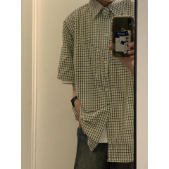 [Available] Green small square plaid shirt with high-end design and short-sleeved shirt for couple