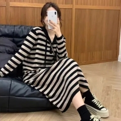 French lazy style retro hooded knitted dress for women spring and autumn fashion loose temperament casual striped sweater dress