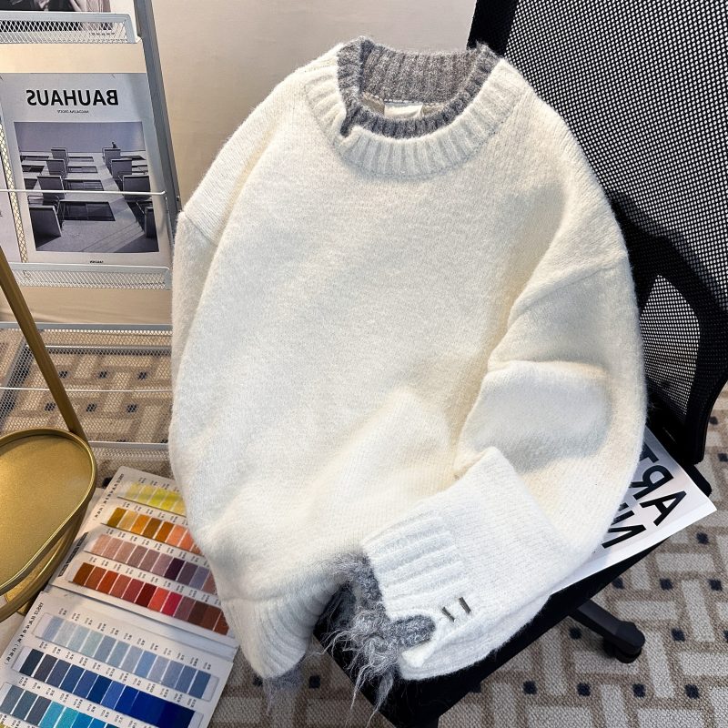 Men's white sweater jacket handsome loose lazy style fake two-piece couple sweater men's winter style